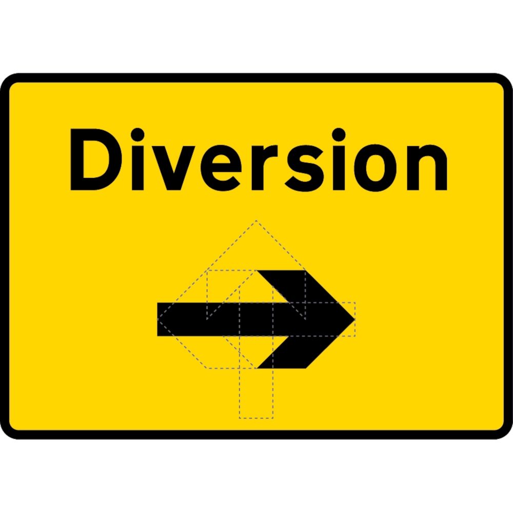 1050 x 750mm Diversion (Rotating Arrow) - Black Plastic Sign