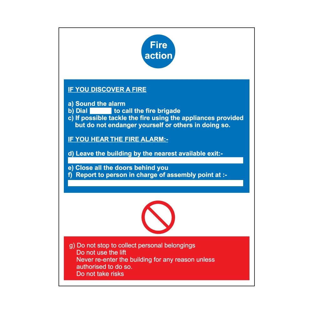 Fire Action Sign - 300mm x 200mm - 1mm Rigid Plastic