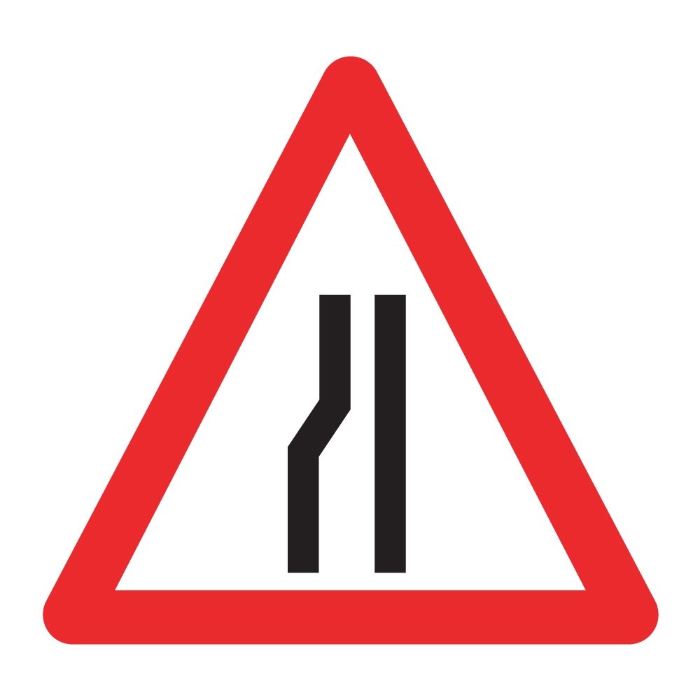 Road Narrows Left Sign - 750mm Triangle - Zintec