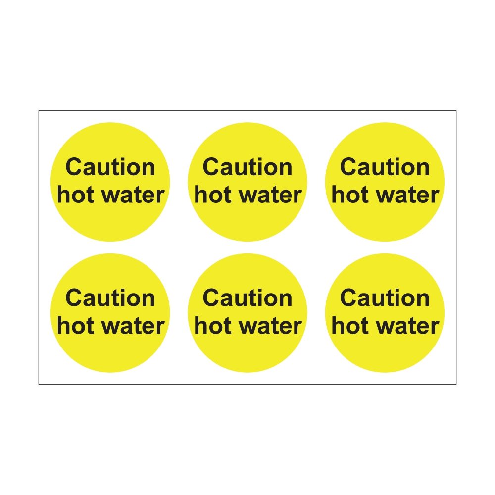 Caution Hot Water - 100mm Dia Self Adhesive Vinyl Sticker - Pack of 30