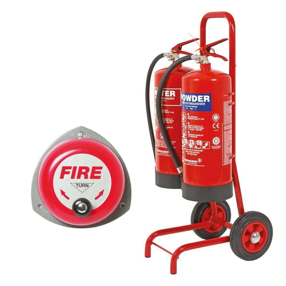 Double Fire Trolley c/w Rotary Hand Bell, 9 Litre Water Extinguisher & 9kg Dry Powder Extinguisher