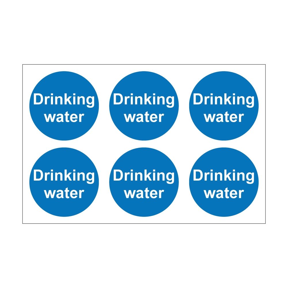 Drinking Water - 100mm Dia Self Adhesive Vinyl Sticker - Pack Of 30