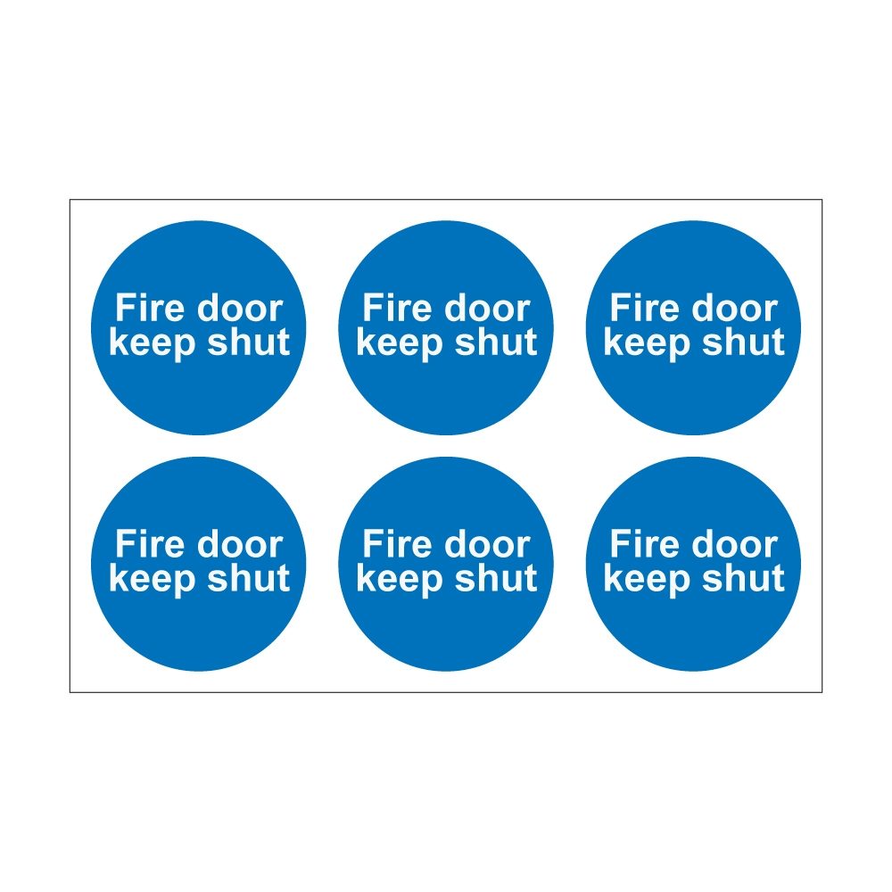 Fire Door Keep Shut - 100mm Dia Self Adhesive - Vinyl Sticker - Pack Of 30