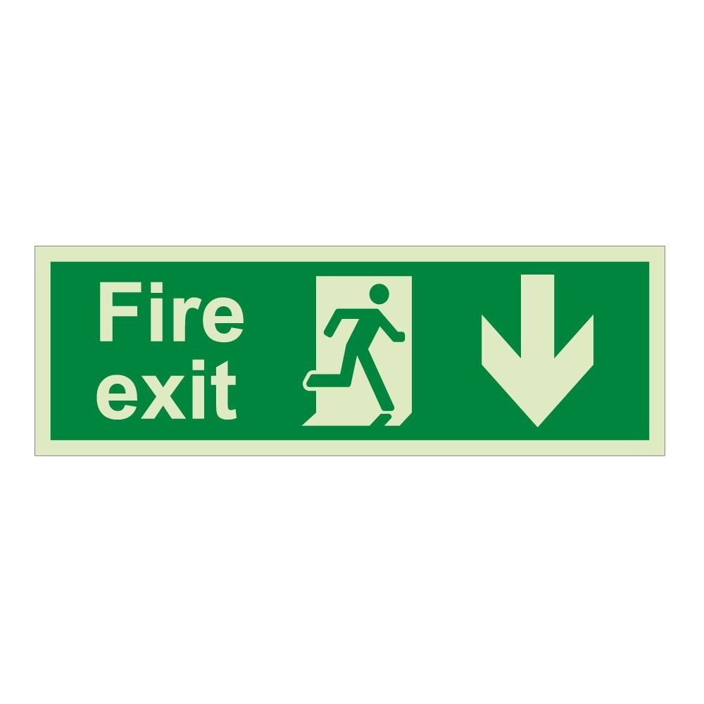 Fire Exit Arrow Down Sign - 600mm x 200mm - Photoluminescent
