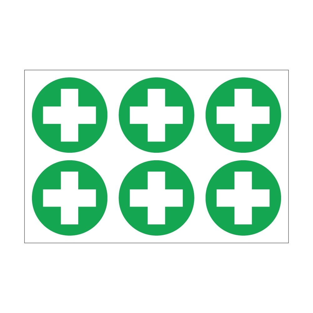 First Aid Cross Sign - 100mm Dia Self Adhesive Vinyl Sticker - Pack of 30