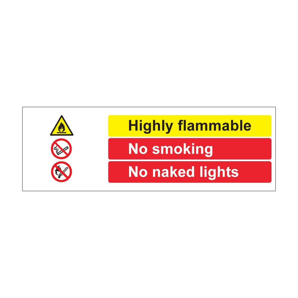 Highly Flammable No Smoking No Naked Flames Sign - 600mm x 200mm - 1mm Rigid Plastic