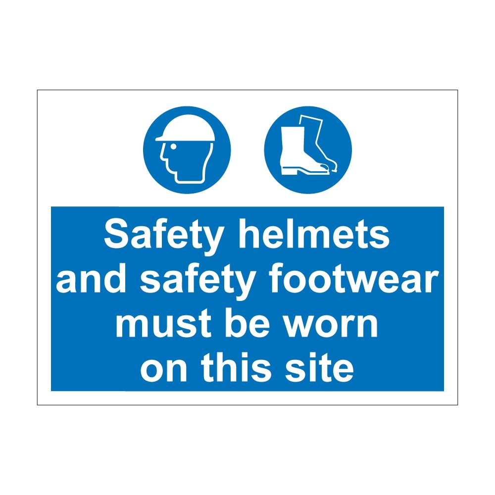 Safety Helmets & Footwear Must Be Worn Sign - 600mm x 450mm - 1mm Rigid Plastic