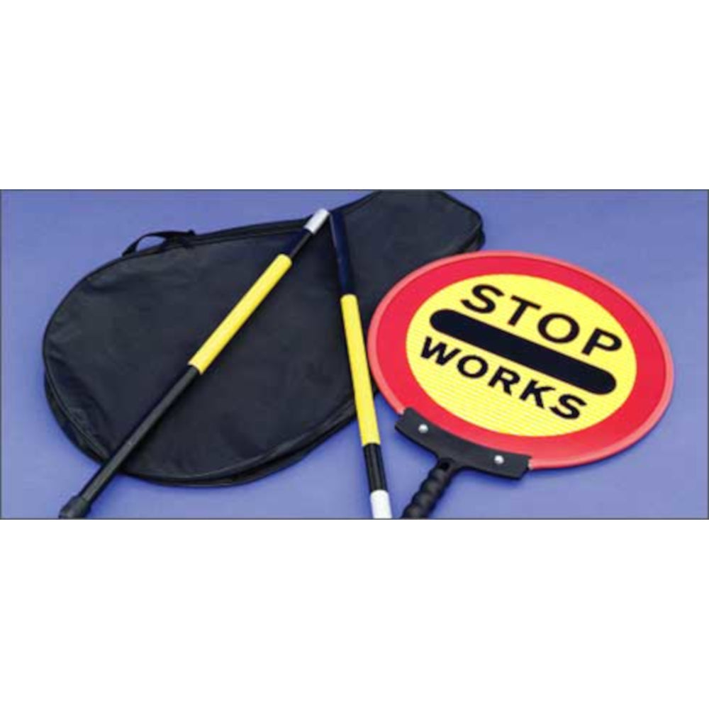Stop/Works Sign (450mm) - Ultra Compact Folding Lollipop Sign with Storage / Transportation Bag