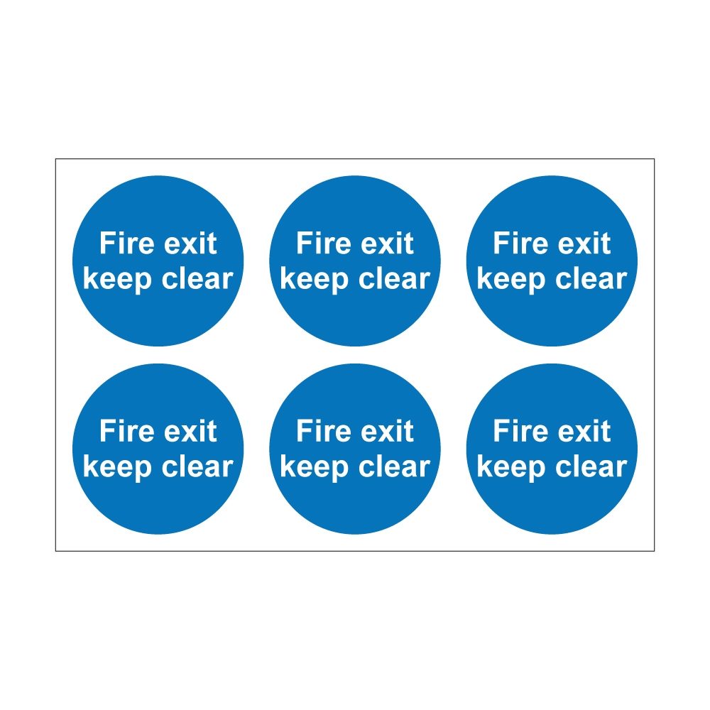 Fire Exit Keep Clear - 100mm Dia Self Adhesive - Vinyl Sticker - Pack Of 30